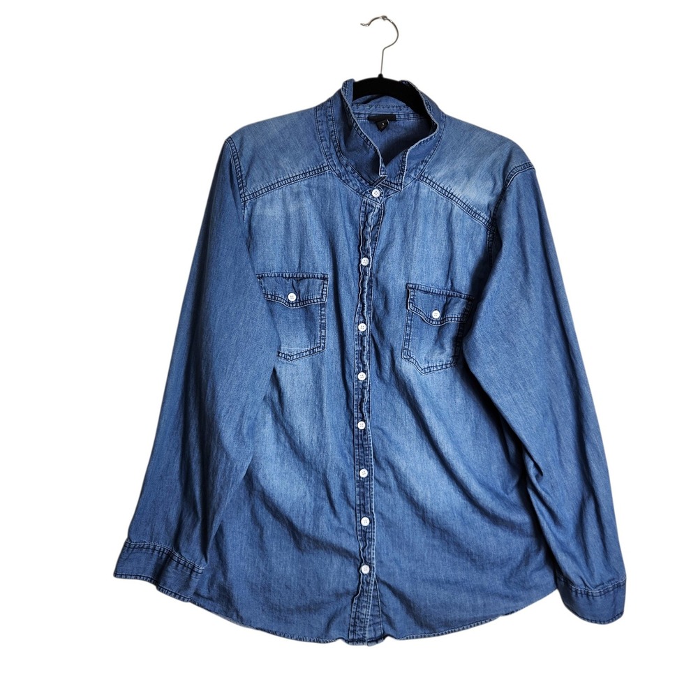 Torrid Womens Plus Size 3 Blue Denim Button Down Shirt Long Sleeve Band Collar